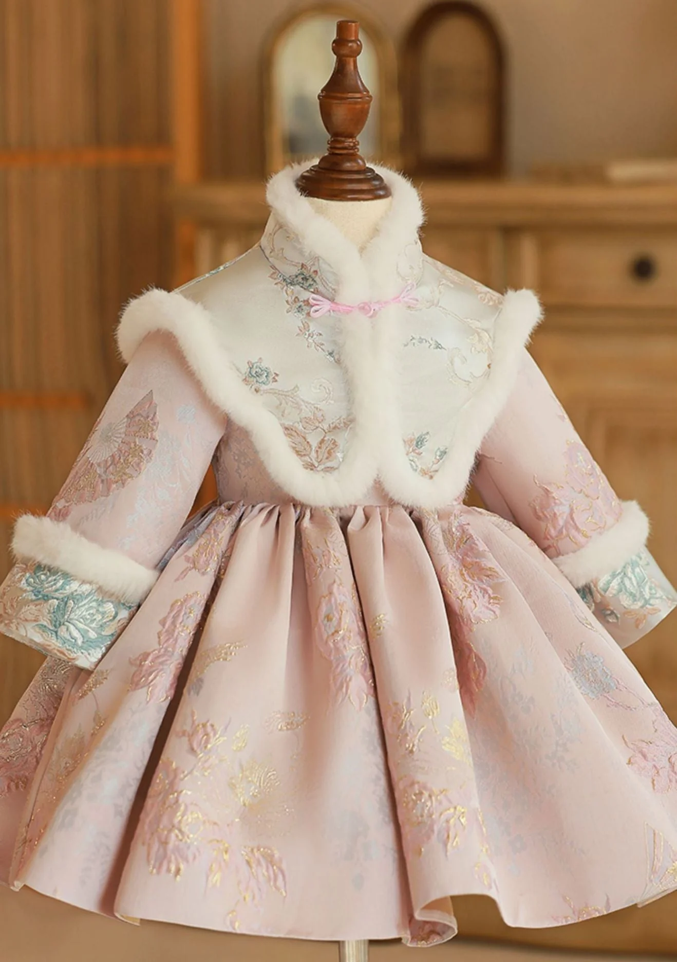 Tea Length High Neck Winter Long Sleeves Embroidery Baby Girl Dress with removed Scarf - Image 5