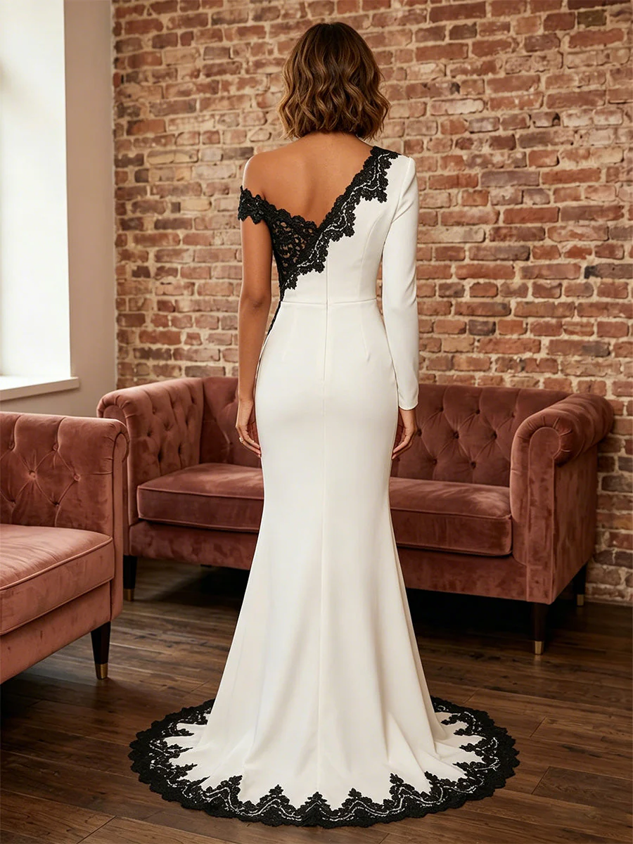 Trumpet/Mermaid Asymmetrical Neck Formal Dresses with Split Side Stretch Satin Lace Long Sleeves Evening Dresses - Image 2