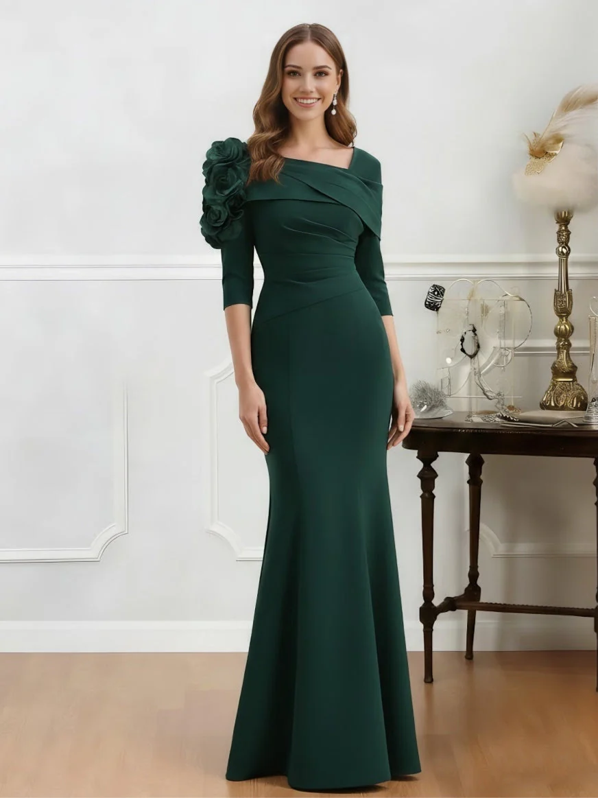 Trumpet/Mermaid Asymmetrical Neck Stretch Satin Mother of the Bride Dresses Floor-Length Half Sleeves 3D Flower - Image 3