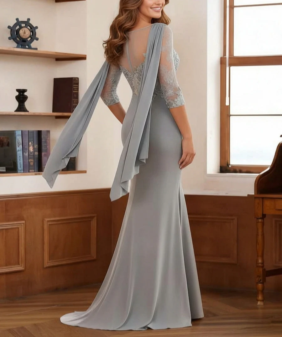 Trumpet/Mermaid Cowl Neck Elastic Chiffon Mother of the Bride Dresses Floor-Length Lace Half Sleeves - Image 2