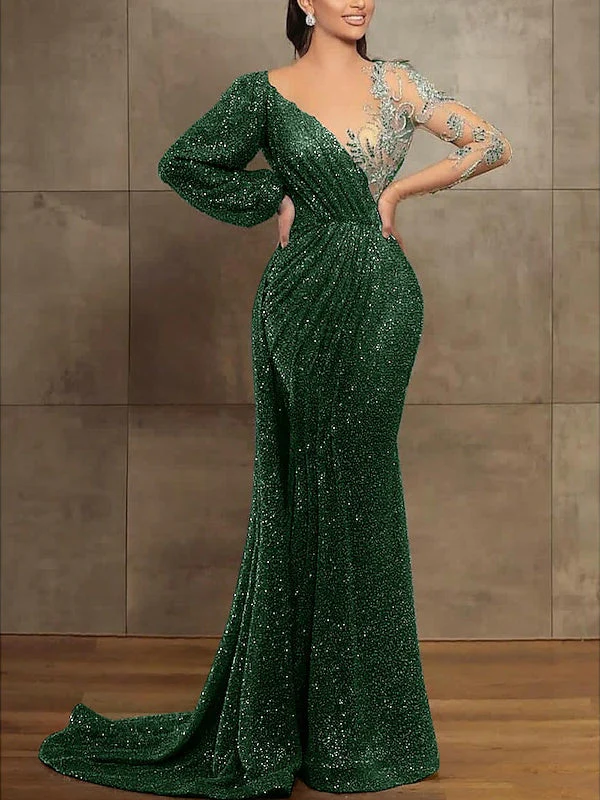 Trumpet/Mermaid Illusion Neck Long Sleeves Sequined Evening Dresses With Sequin & Pleats - Image 4