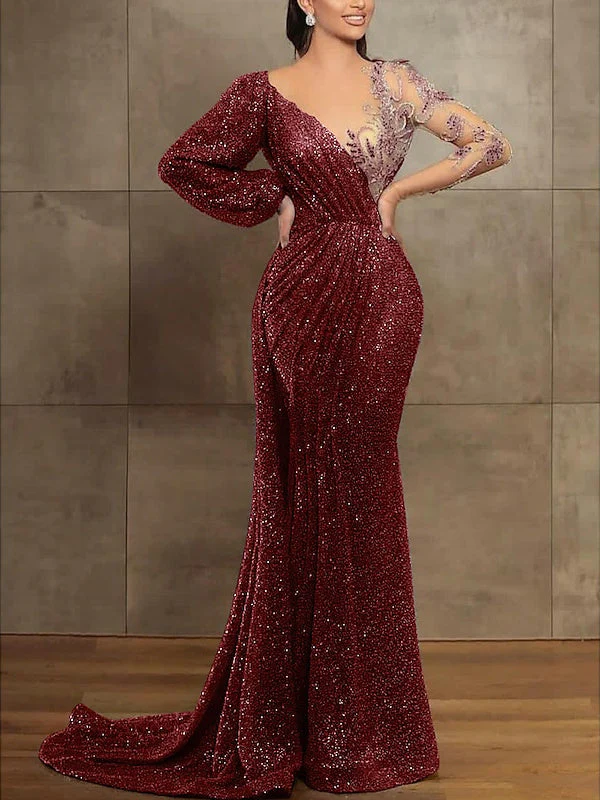 Trumpet/Mermaid Illusion Neck Long Sleeves Sequined Evening Dresses With Sequin & Pleats - Image 6