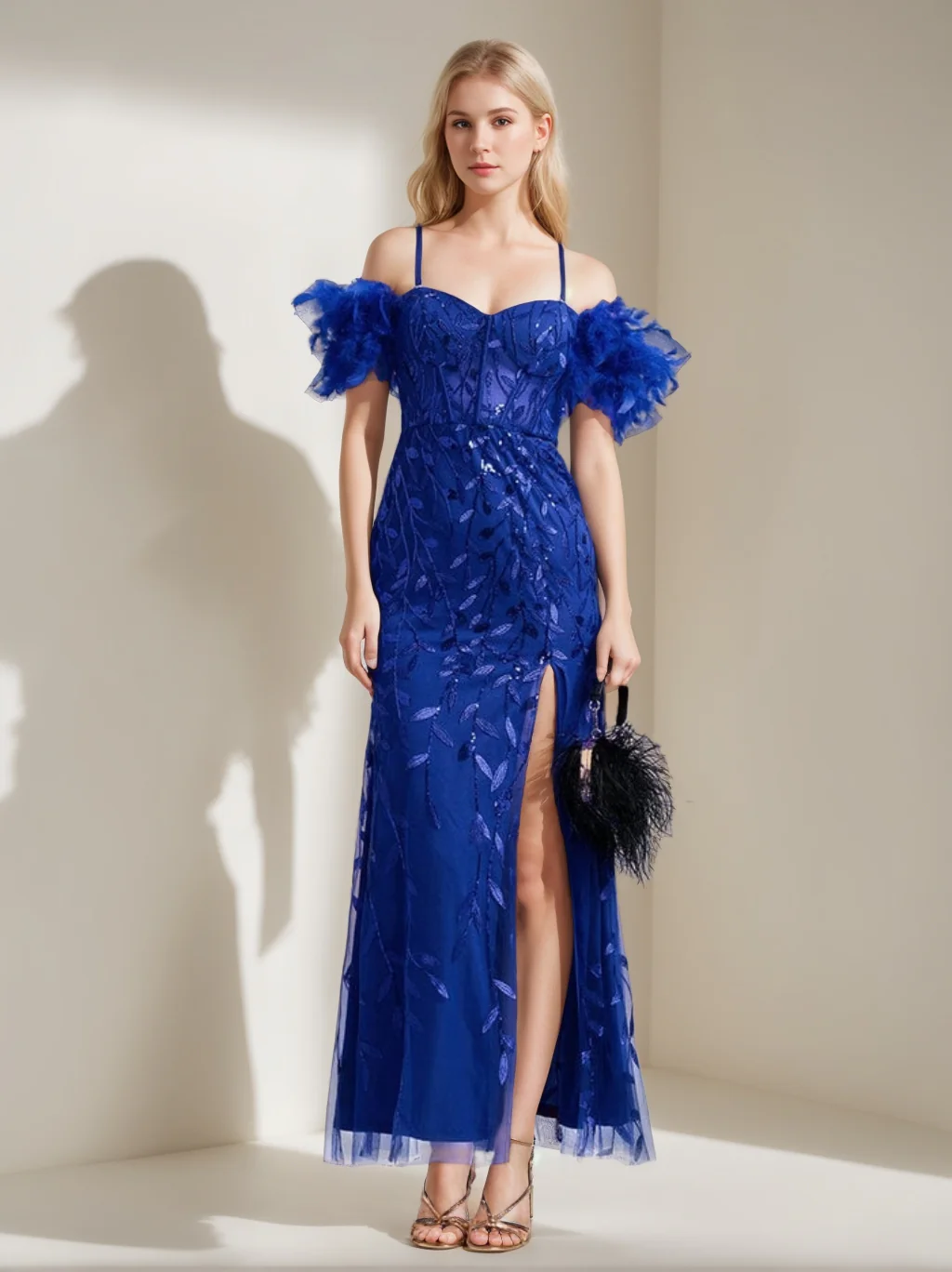 Trumpet/Mermaid Off-the-Shoulder Ankle-Length Elegant Evening Dresses with Ruffles & Feather