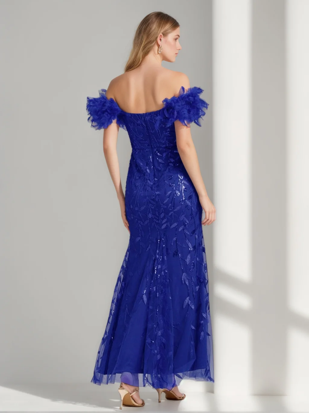 Trumpet/Mermaid Off-the-Shoulder Ankle-Length Elegant Evening Dresses with Ruffles & Feather - Image 3