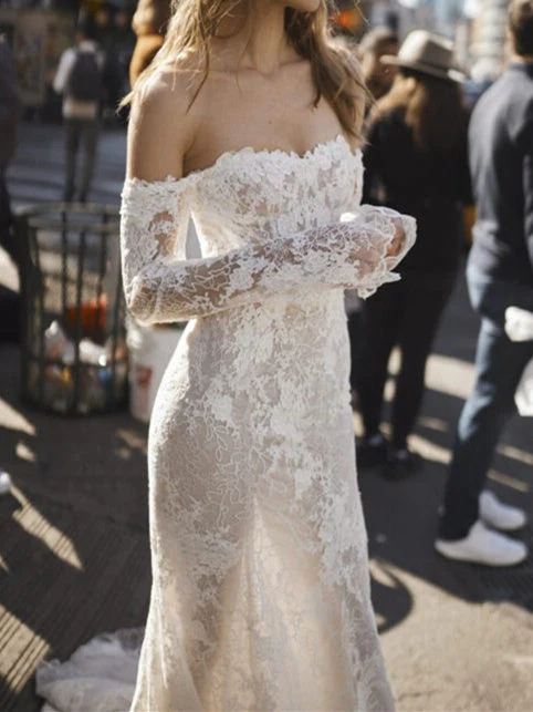 Trumpet/Mermaid Off-The-Shoulder Floor-Length Lace Wedding Dress - Image 6