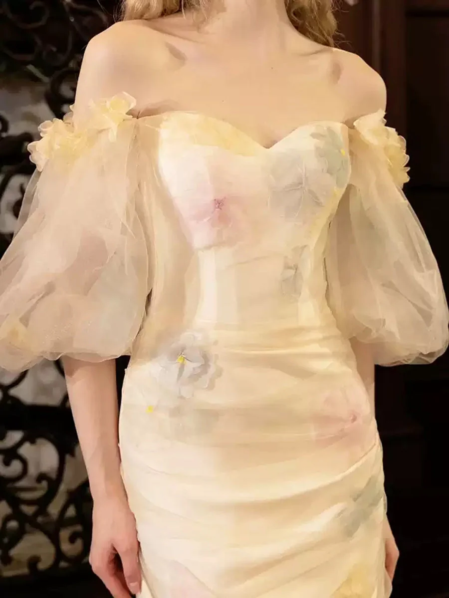 Trumpet/Mermaid Off-the-Shoulder Half Sleeves Floor-Length Printed Foral Wedding Dresses - Image 5