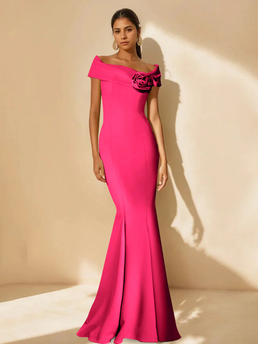 Trumpet/Mermaid Off-the-Shoulder Minimalist Mother of the Bride Dresses with Detachable Flower - Image 8