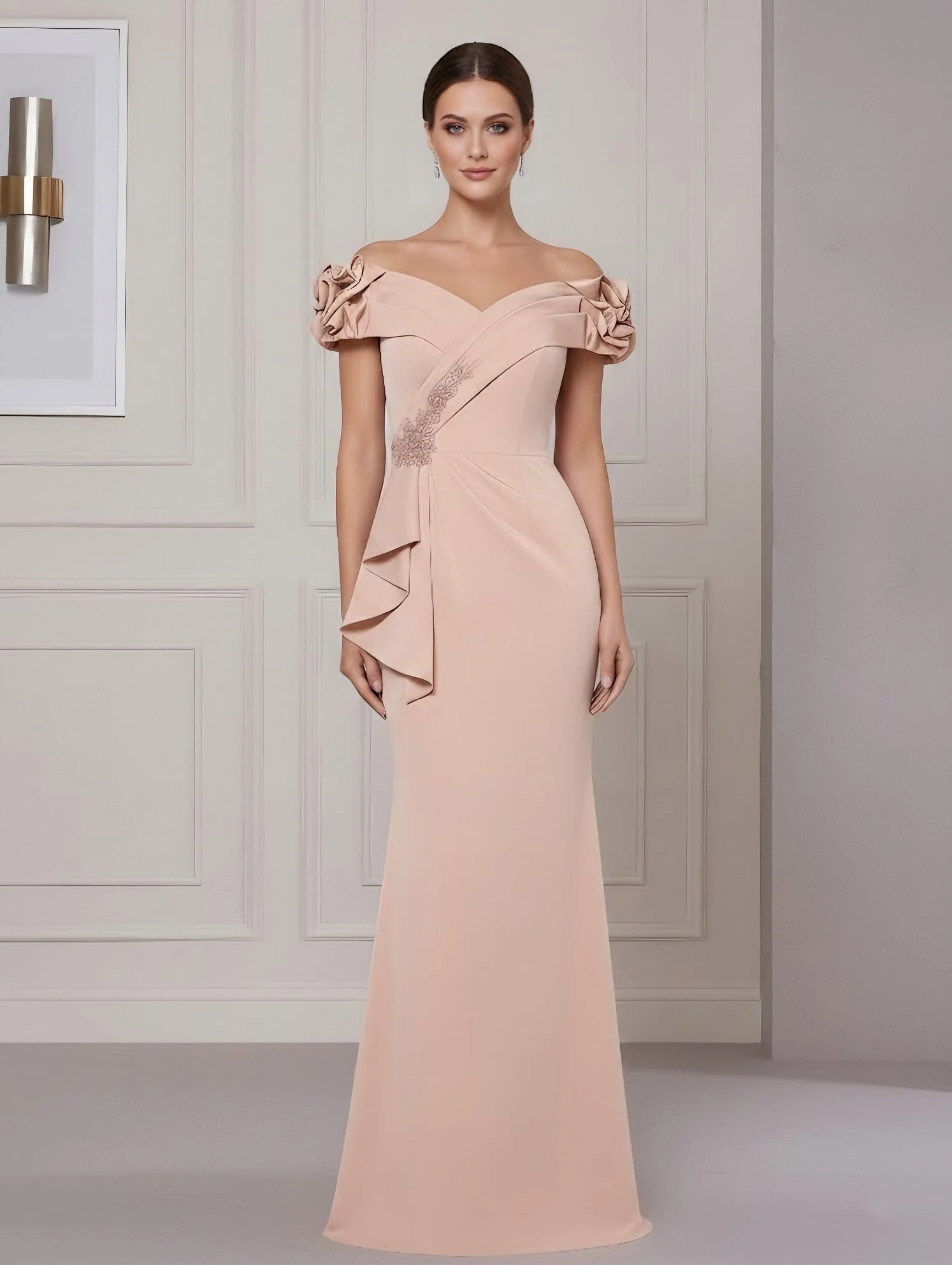 Trumpet/Mermaid Off-the-Shoulder Stretch Satin Mother of the Bride Dresses Sleeveless Floor-Length Ruffles