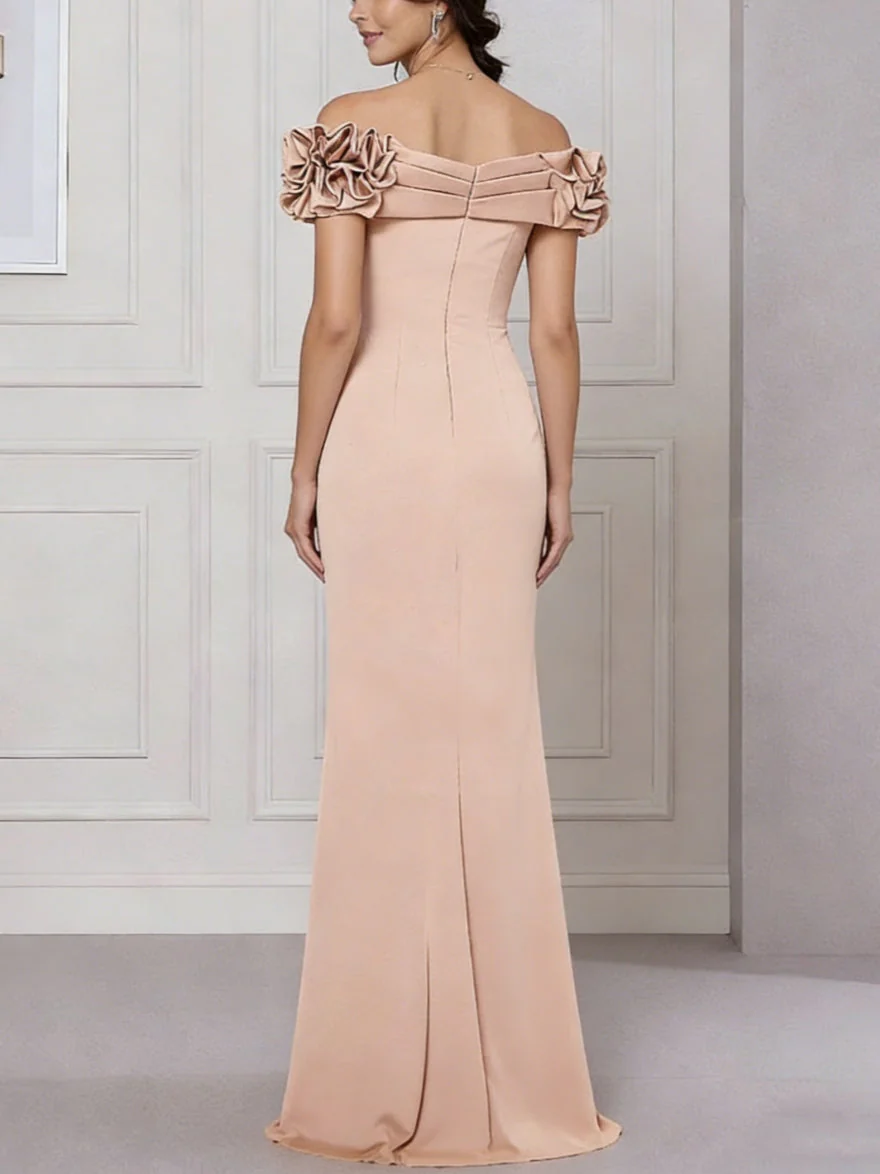 Trumpet/Mermaid Off-the-Shoulder Stretch Satin Mother of the Bride Dresses Sleeveless Floor-Length Ruffles - Image 3