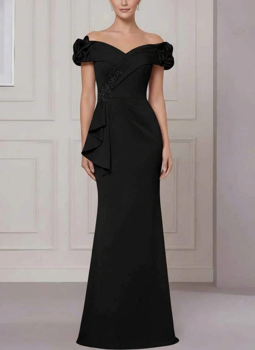 Trumpet/Mermaid Off-the-Shoulder Stretch Satin Mother of the Bride Dresses Sleeveless Floor-Length Ruffles - Image 4
