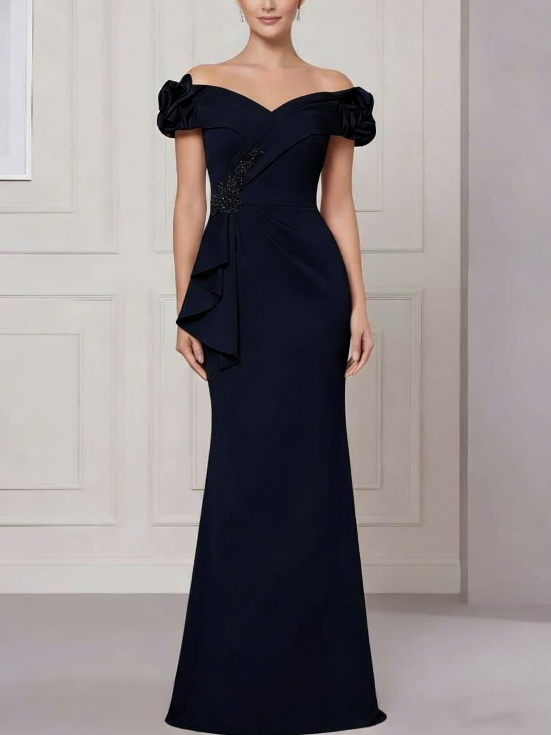 Trumpet/Mermaid Off-the-Shoulder Stretch Satin Mother of the Bride Dresses Sleeveless Floor-Length Ruffles - Image 5