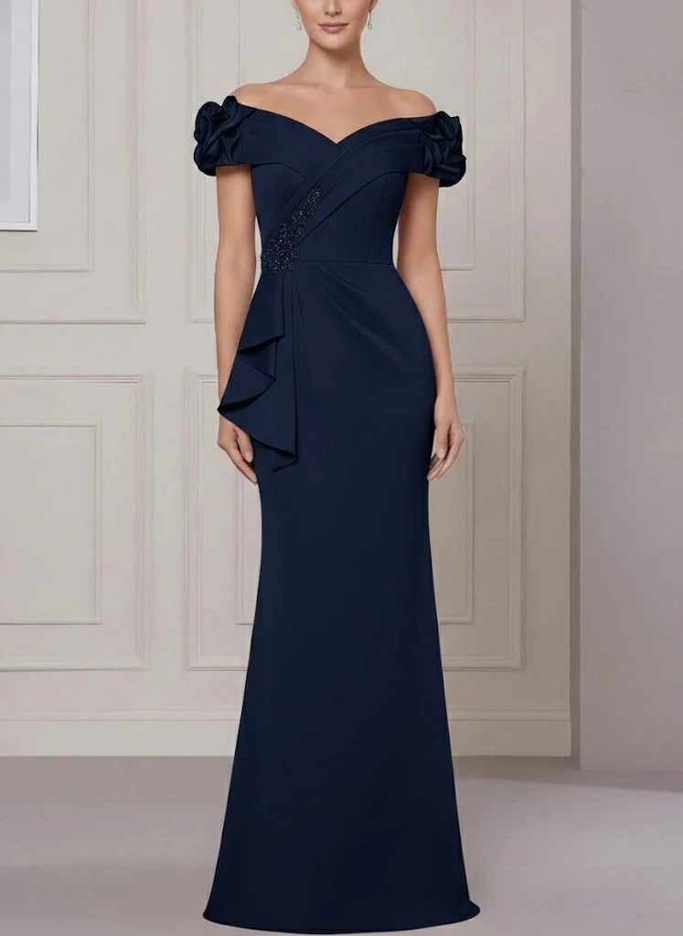 Trumpet/Mermaid Off-the-Shoulder Stretch Satin Mother of the Bride Dresses Sleeveless Floor-Length Ruffles - Image 6