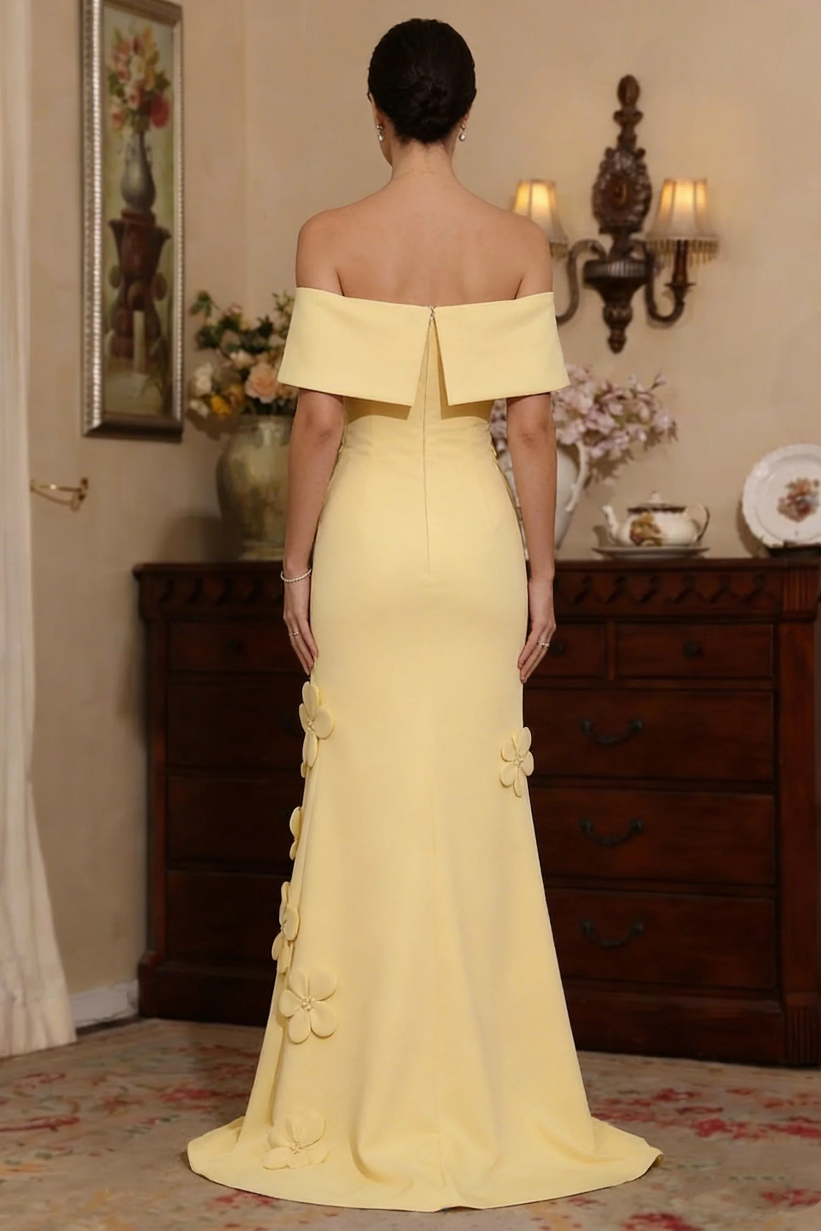 Trumpet/Mermaid Off-the-Shoulder Stretch Satin Mother of the Bride Dresses with 3D Flower Sleeveless Floor-Length - Image 2
