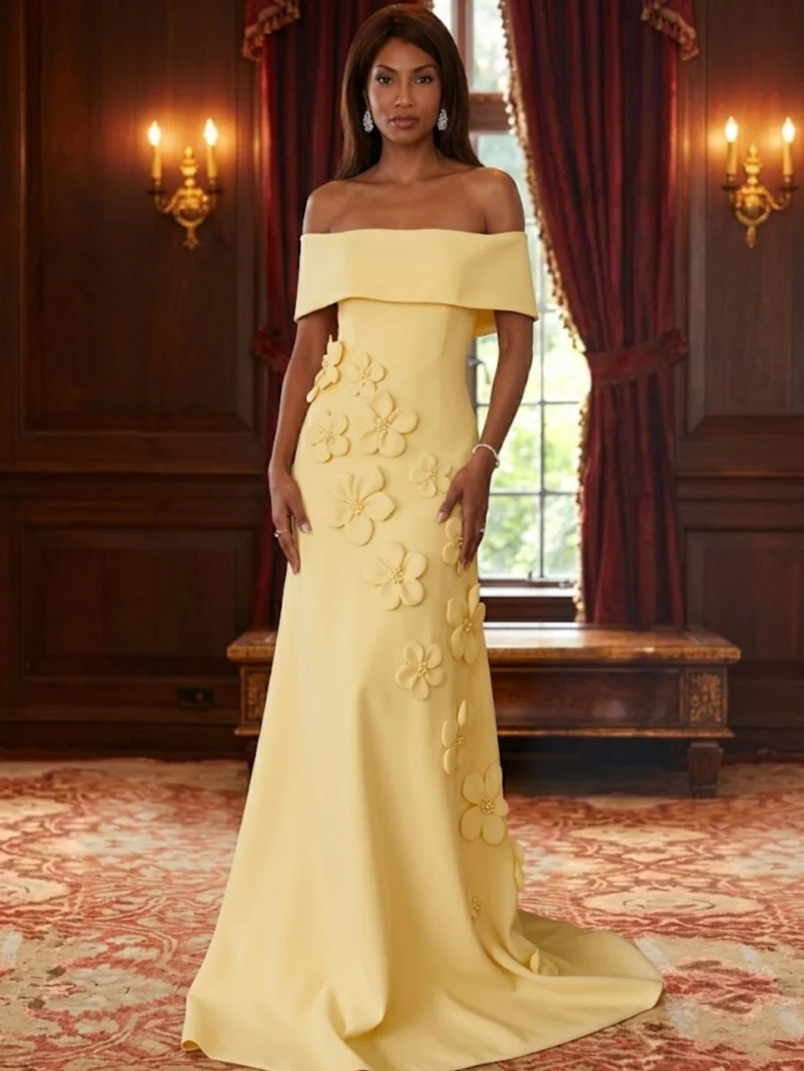 Trumpet/Mermaid Off-the-Shoulder Stretch Satin Mother of the Bride Dresses with 3D Flower Sleeveless Floor-Length - Image 3