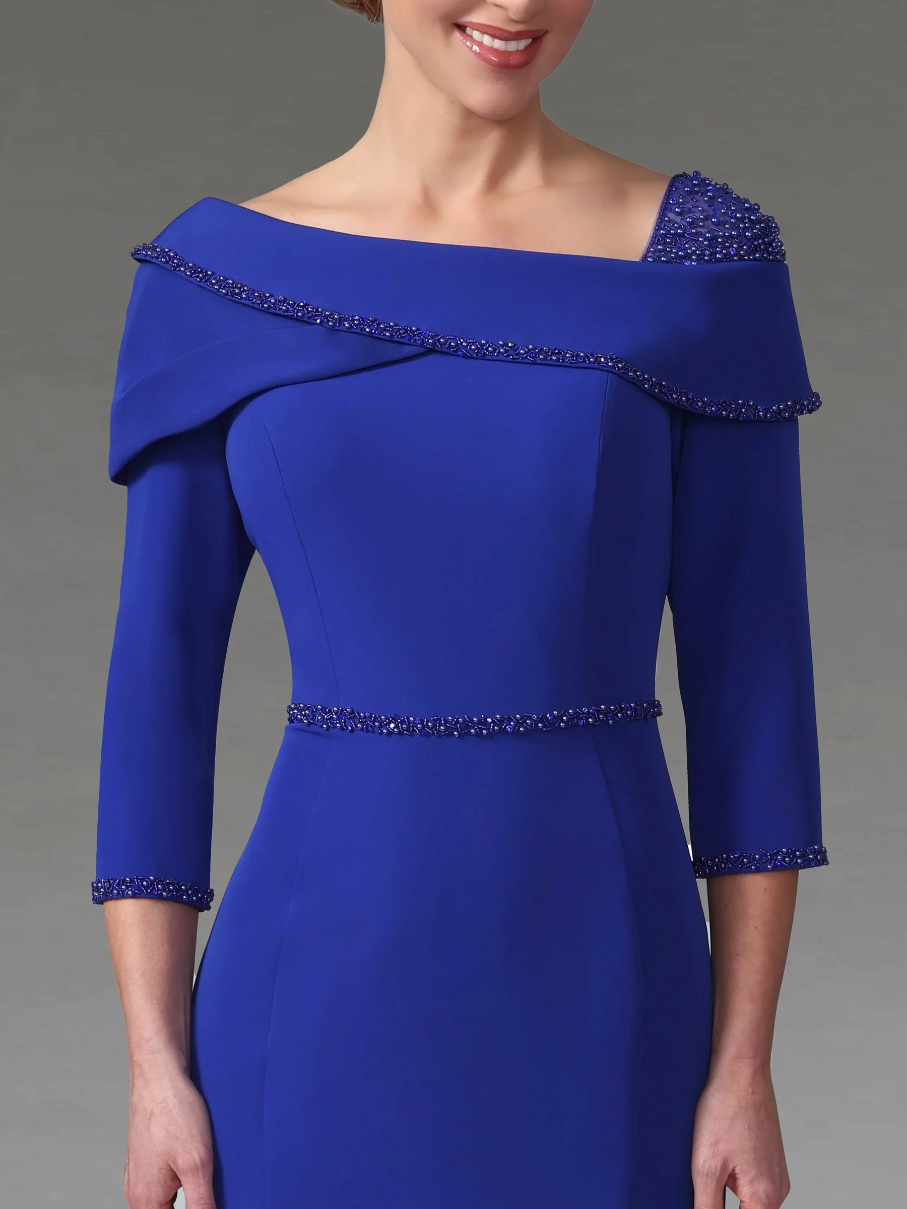 Trumpet/Mermaid Off-the-Shoulder Tea-Length Sparkling Mother of the Bride Dresses with Jewel - Image 2