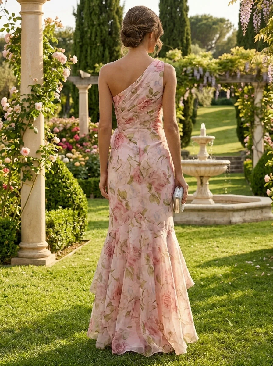 Trumpet/Mermaid One-Shoulder Chiffon Evening Dresses with 3D Flower Sleeveless Ruffles Floral Asymmetrical Floor-Length Party Dresses - Image 2