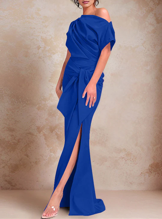 Trumpet/Mermaid One-Shoulder Short Sleeves Floor-Length Mother of the Bride Dresses with Ruffles & Split Side - Image 17