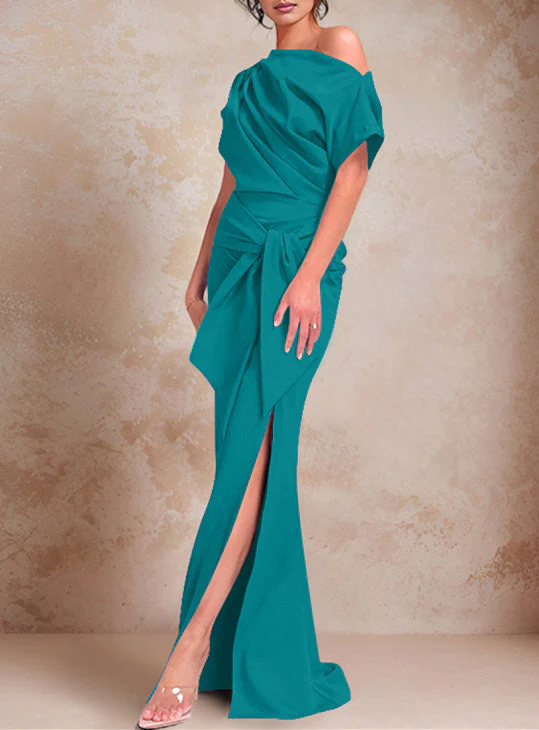 Trumpet/Mermaid One-Shoulder Short Sleeves Floor-Length Mother of the Bride Dresses with Ruffles & Split Side - Image 42