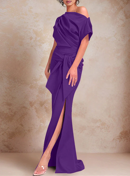Trumpet/Mermaid One-Shoulder Short Sleeves Floor-Length Mother of the Bride Dresses with Ruffles & Split Side - Image 45
