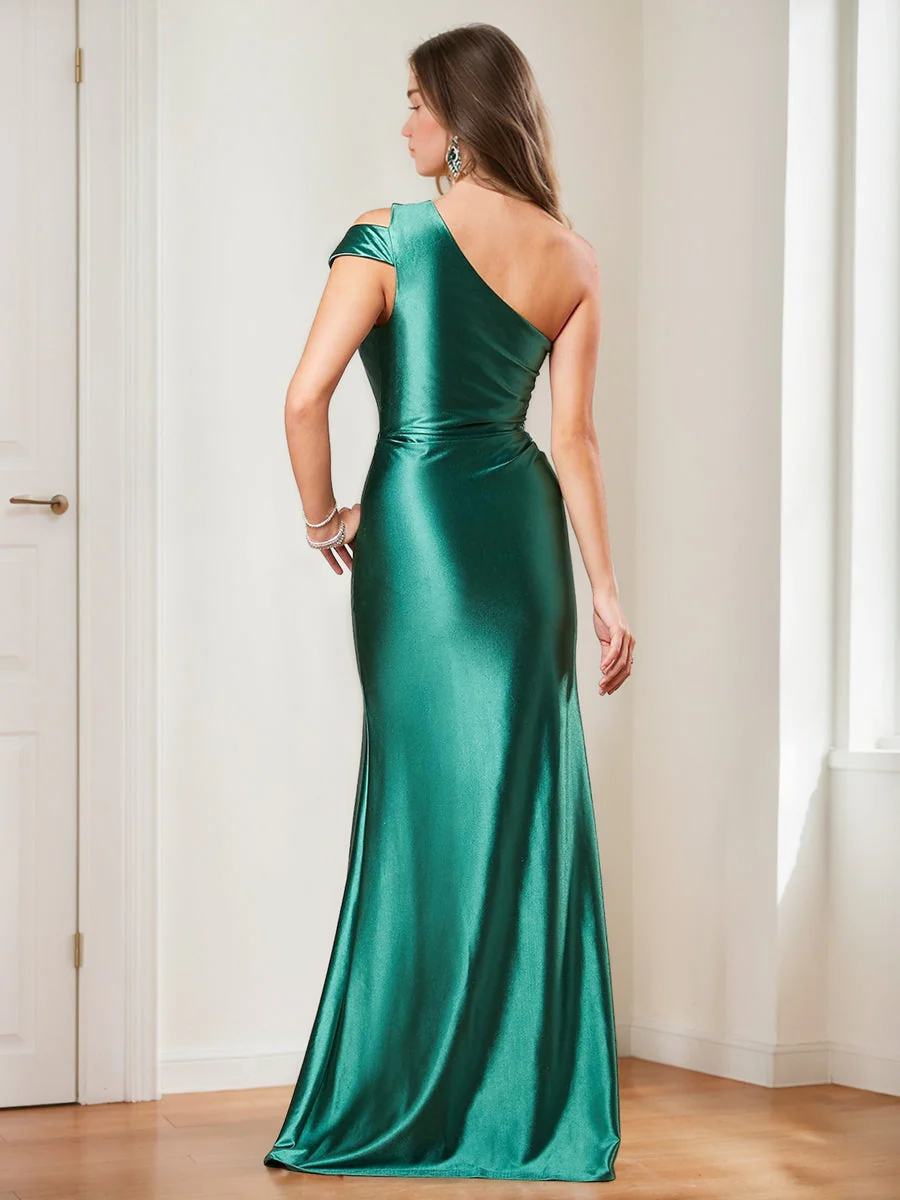 Trumpet/Mermaid One-Shoulder Sleeveless Floor Length Ruched Bridesmaid Dresses - Image 2