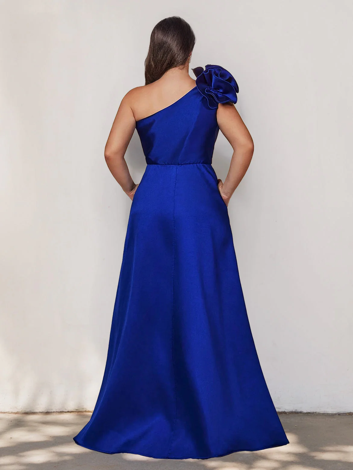 Trumpet/Mermaid One-Shoulder Sleeveless Floor-Length Satin Plus Size Prom Dresses With Bowknot - Image 2