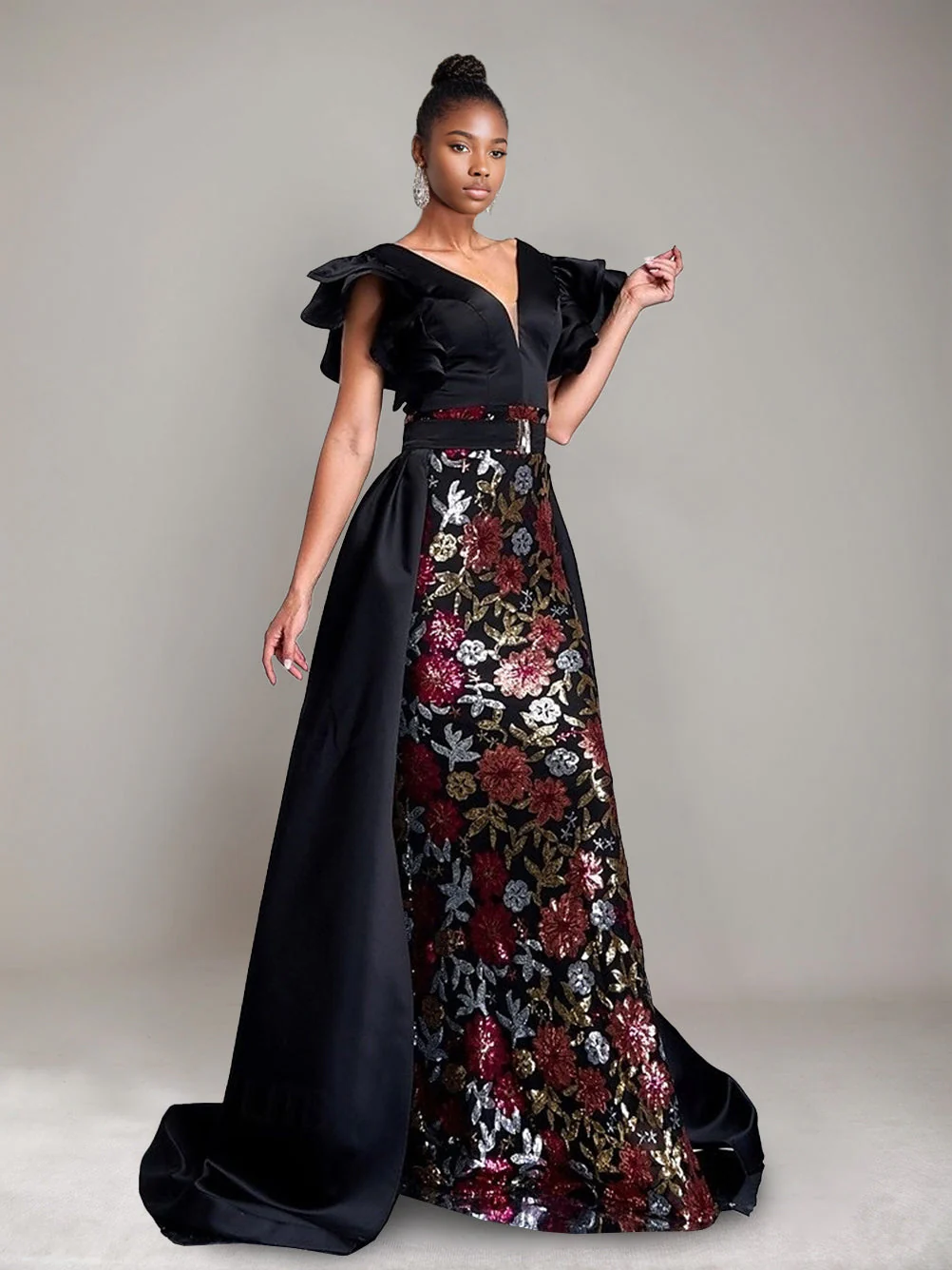 Trumpet/Mermaid Plunge V-Neck Ruffled Sleeves Evening Dresses with Belt & Floral Sequins & Watteau Train - Image 4