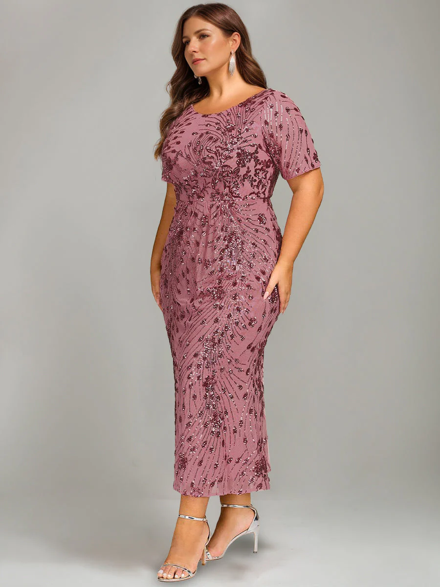 Trumpet/Mermaid Plus Scoop Half Sleeves Tea-length Mother of the Bride Dresses with Sequins & Embroidery - Image 3