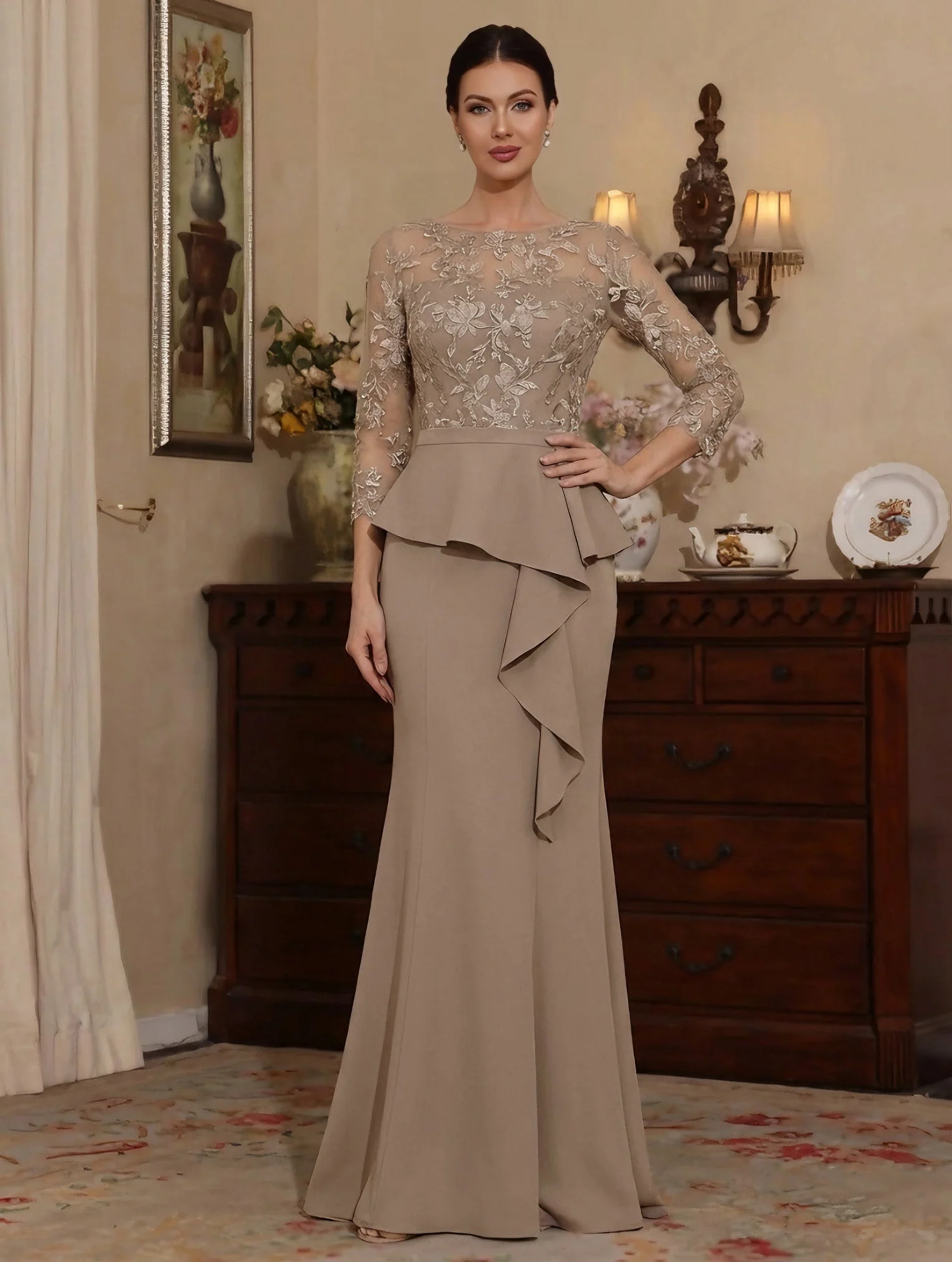 Trumpet/Mermaid Scoop Chiffon Mother of the Bride Dresses Lace Floor-Length 3/4 Sleeves Ruffles