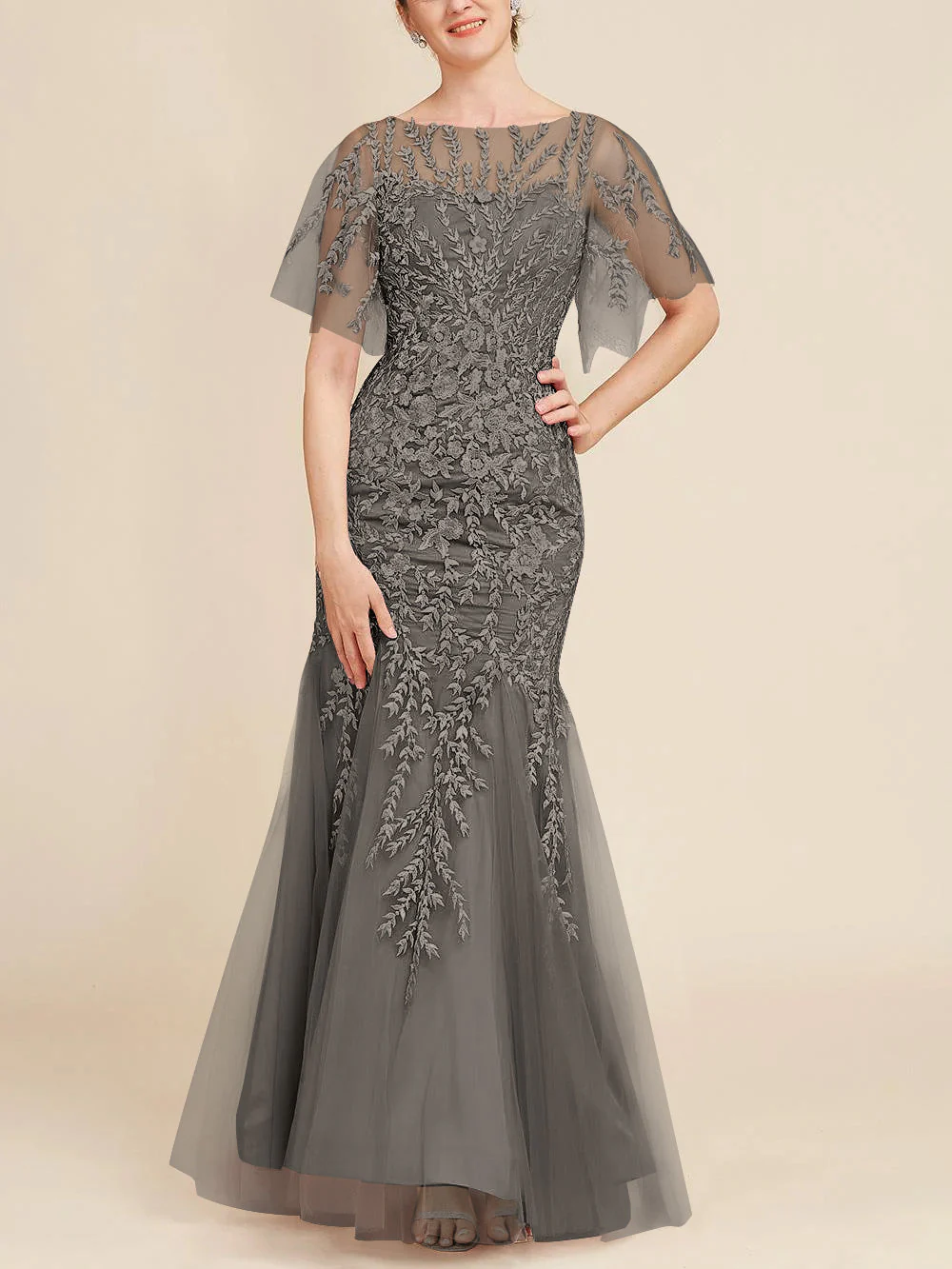Trumpet/Mermaid Scoop Half Sleeves Floor-Length Mother of the Bride Dresses with Lace - Image 23