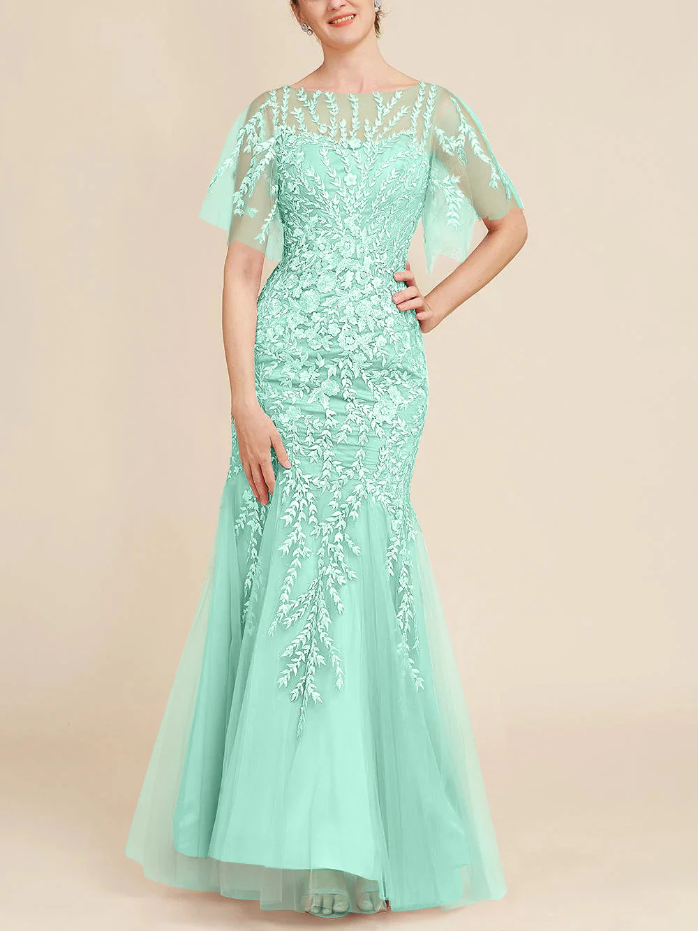 Trumpet/Mermaid Scoop Half Sleeves Floor-Length Mother of the Bride Dresses with Lace - Image 28