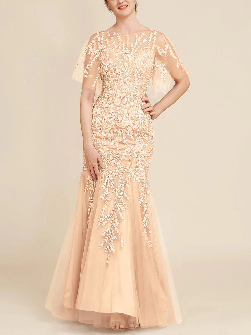 Trumpet/Mermaid Scoop Half Sleeves Floor-Length Mother of the Bride Dresses with Lace - Image 50