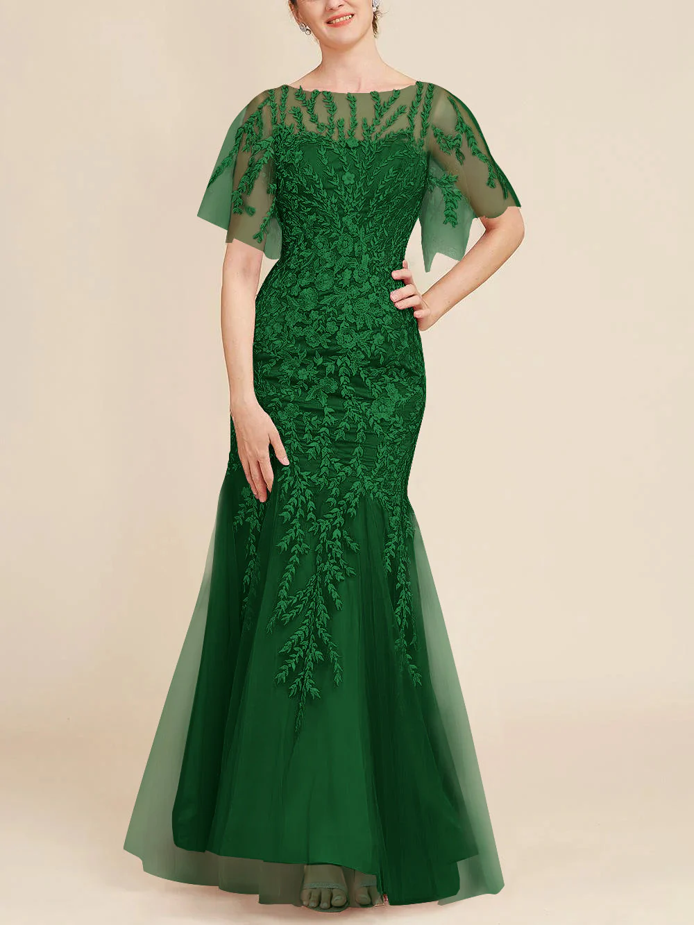 Trumpet/Mermaid Scoop Half Sleeves Floor-Length Mother of the Bride Dresses with Lace - Image 8