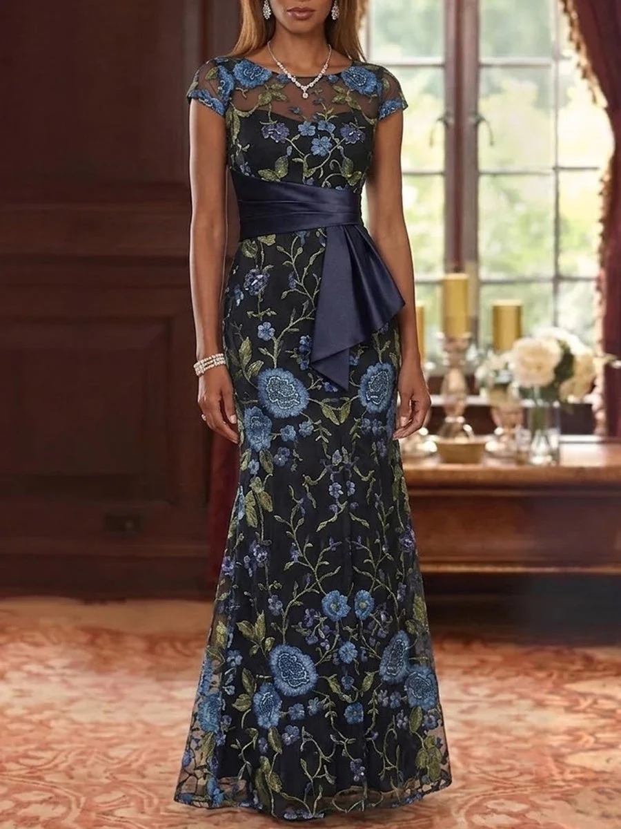 Trumpet/Mermaid Scoop Lace Floral Mother of the Bride Dresses with Sash Short Sleeves Floor-Length - Image 2