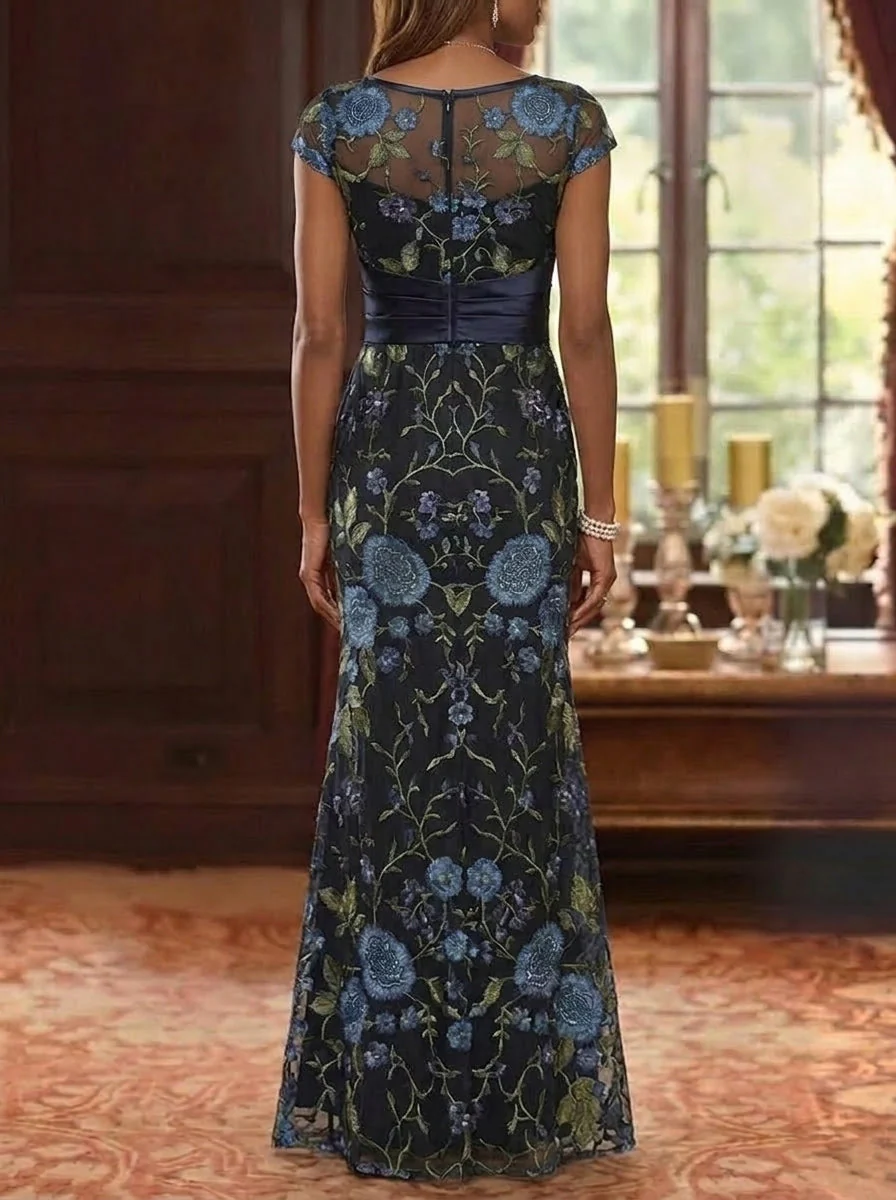 Trumpet/Mermaid Scoop Lace Floral Mother of the Bride Dresses with Sash Short Sleeves Floor-Length - Image 3