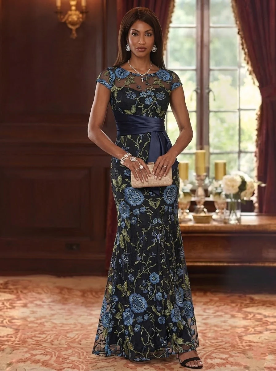 Trumpet/Mermaid Scoop Lace Floral Mother of the Bride Dresses with Sash Short Sleeves Floor-Length - Image 4