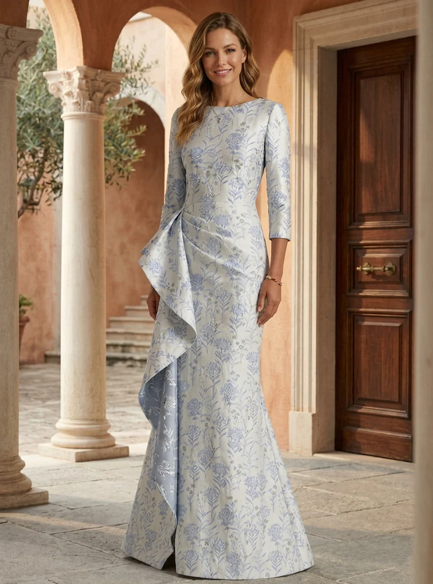 Trumpet/Mermaid Scoop Satin Mother of the Bride Dresses Floral 3/4 Sleeves Floor-Length Ruffles
