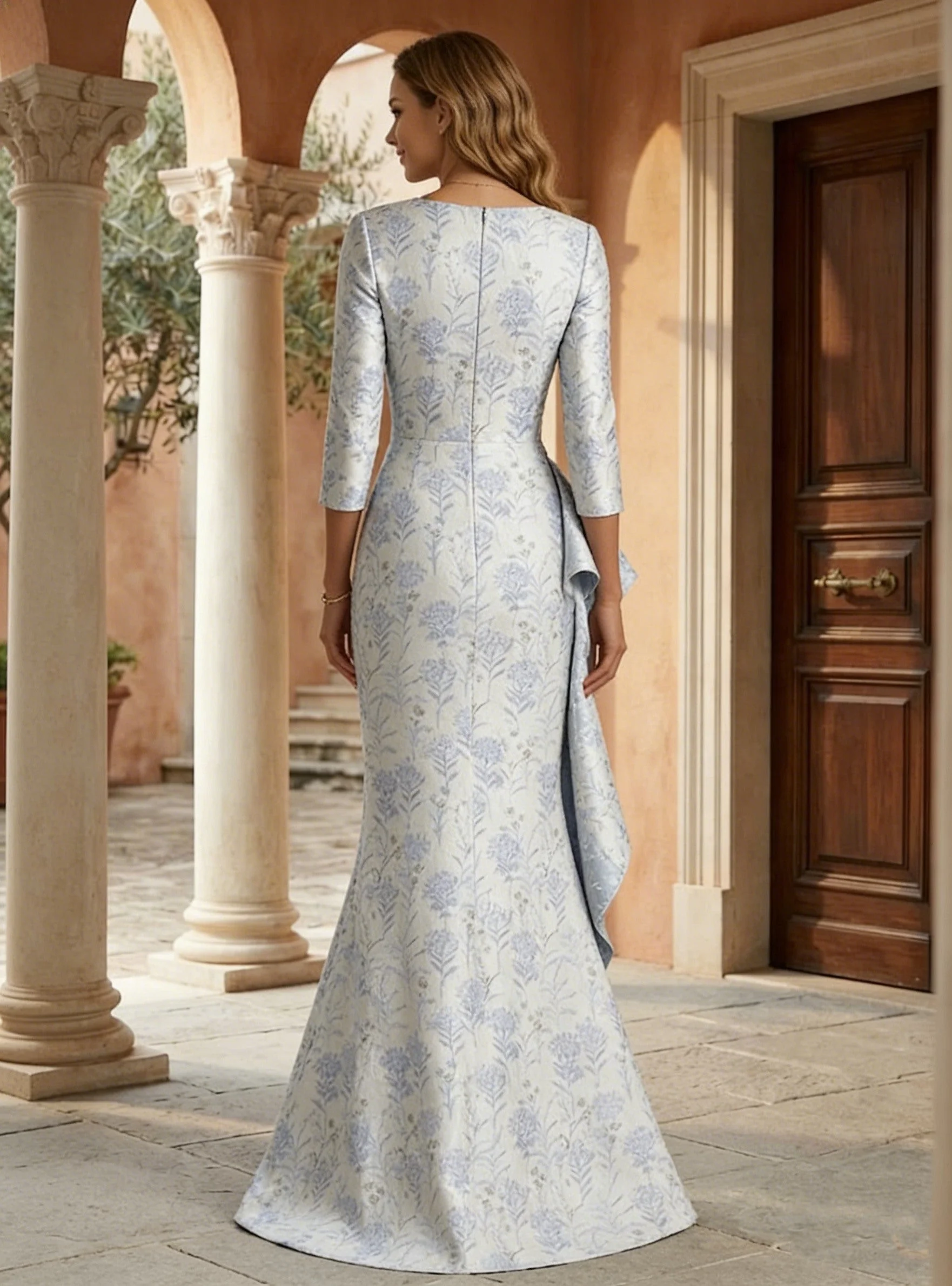Trumpet/Mermaid Scoop Satin Mother of the Bride Dresses Floral 3/4 Sleeves Floor-Length Ruffles - Image 2