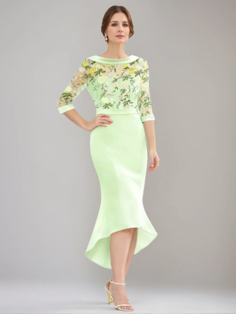 Trumpet/Mermaid Scoop Stretch Satin Mother of the Bride Dresses Floral Lace Half Sleeves Tea-Length Cocktail Dress