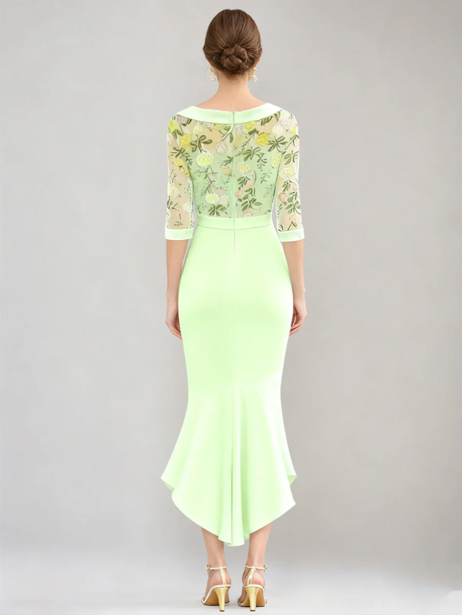 Trumpet/Mermaid Scoop Stretch Satin Mother of the Bride Dresses Floral Lace Half Sleeves Tea-Length Cocktail Dress - Image 2