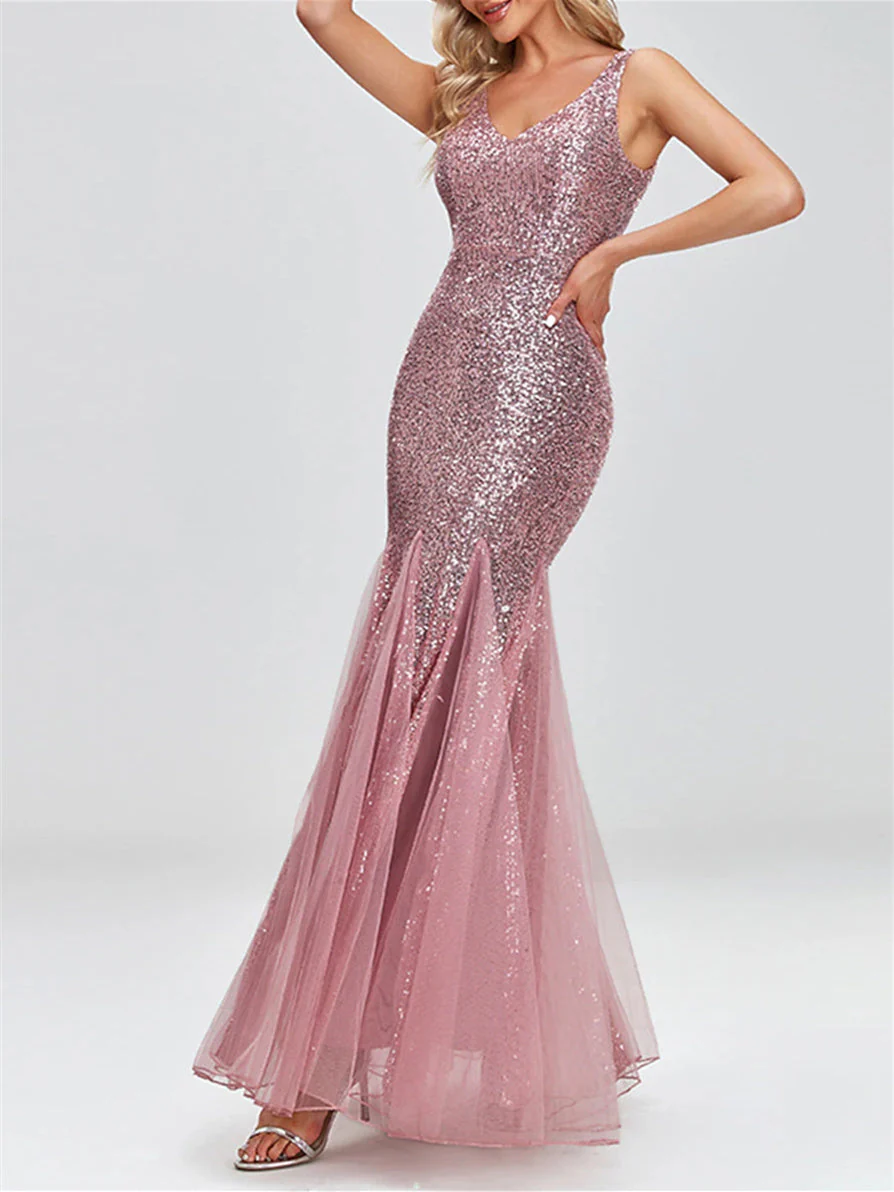 Trumpet/Mermaid Sleeveless V-Neck Sparkle Dress Evening Dresses With Sequin - Image 4