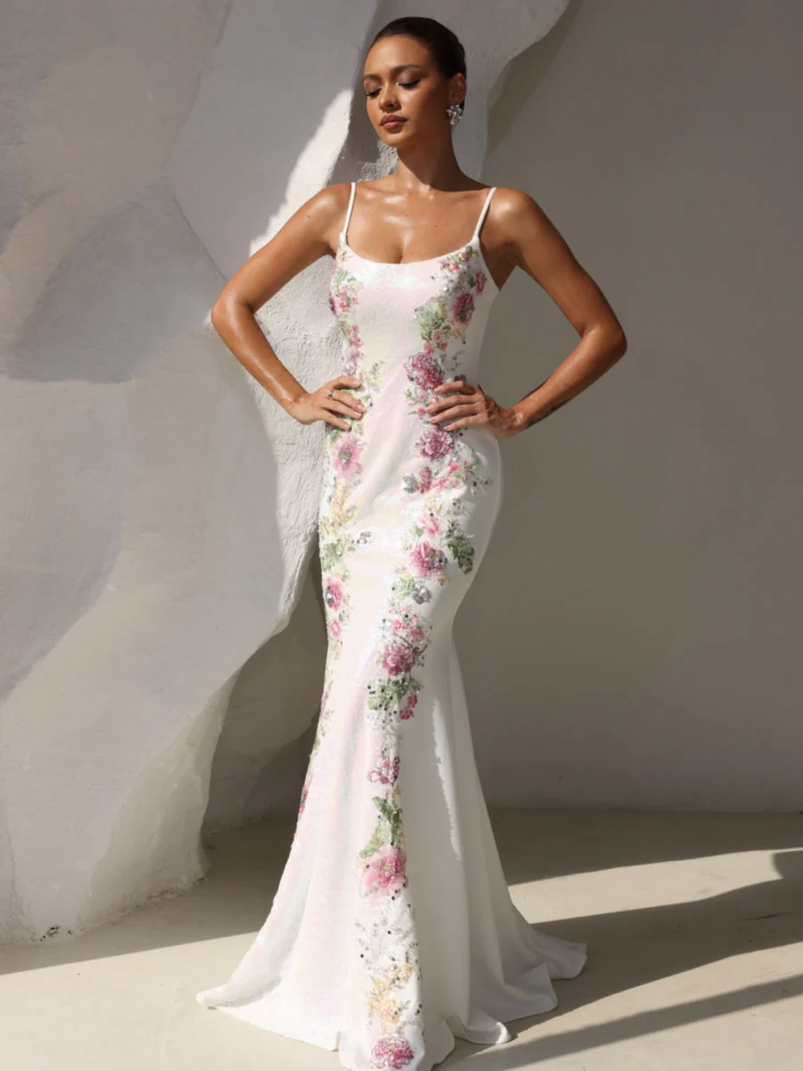Trumpet/Mermaid Spaghetti Straps Prom Dresses Floral Sequins Floor-Length - Image 2