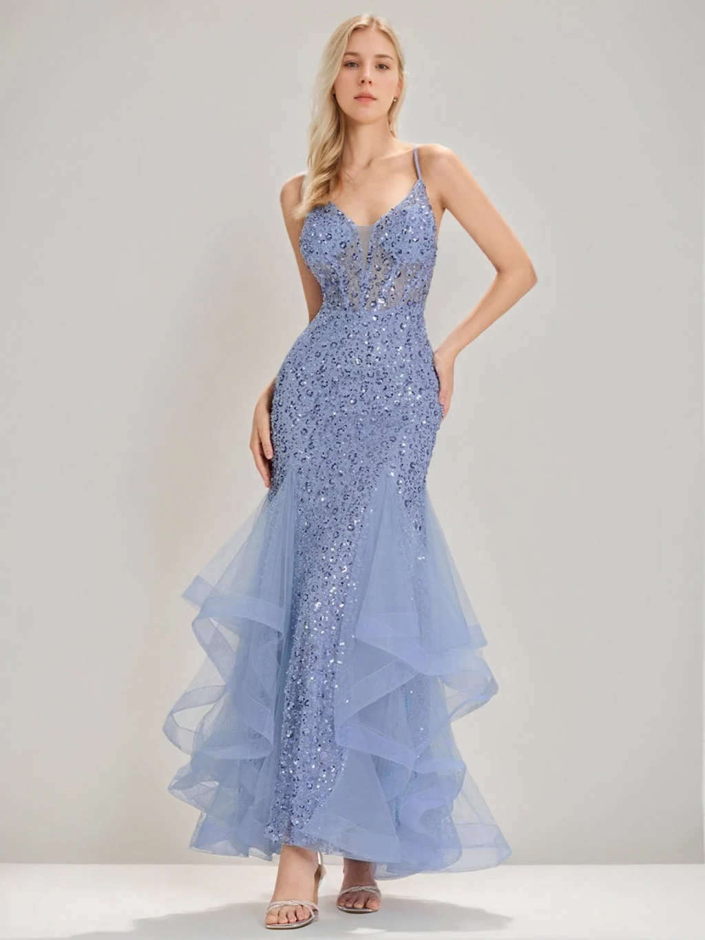 Trumpet/Mermaid Spaghetti Straps Sleeveless Floor-length Evening Dresses with Lace-up & Ruffles