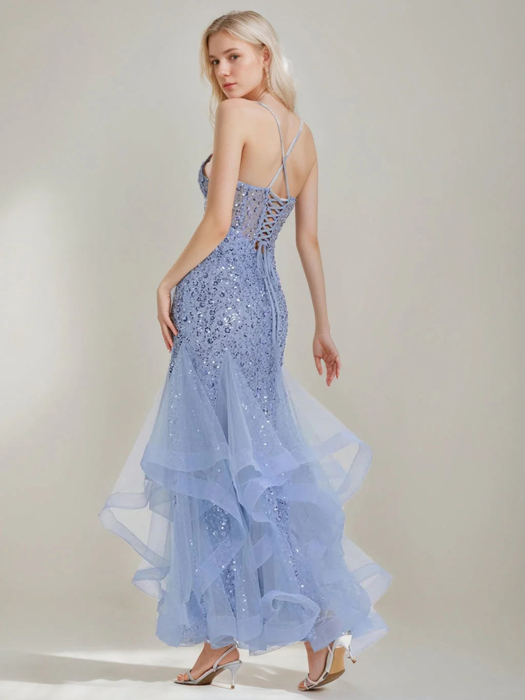 Trumpet/Mermaid Spaghetti Straps Sleeveless Floor-length Evening Dresses with Lace-up & Ruffles - Image 2