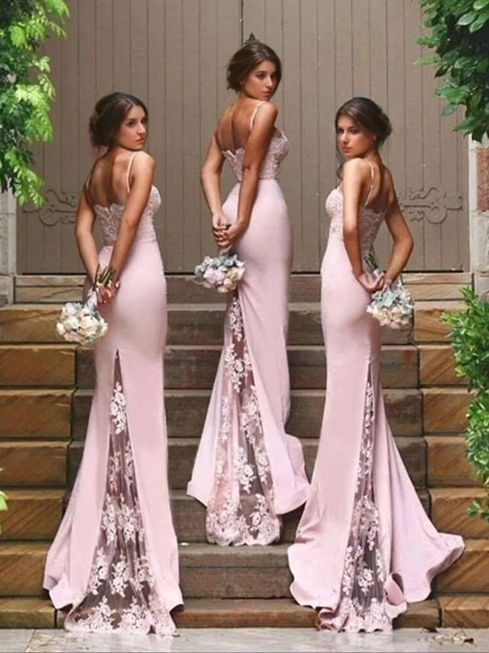 Trumpet/Mermaid Spaghetti Straps Sleeveless Sweep Train Bridesmaid Dresses with Lace Appliques - Image 3