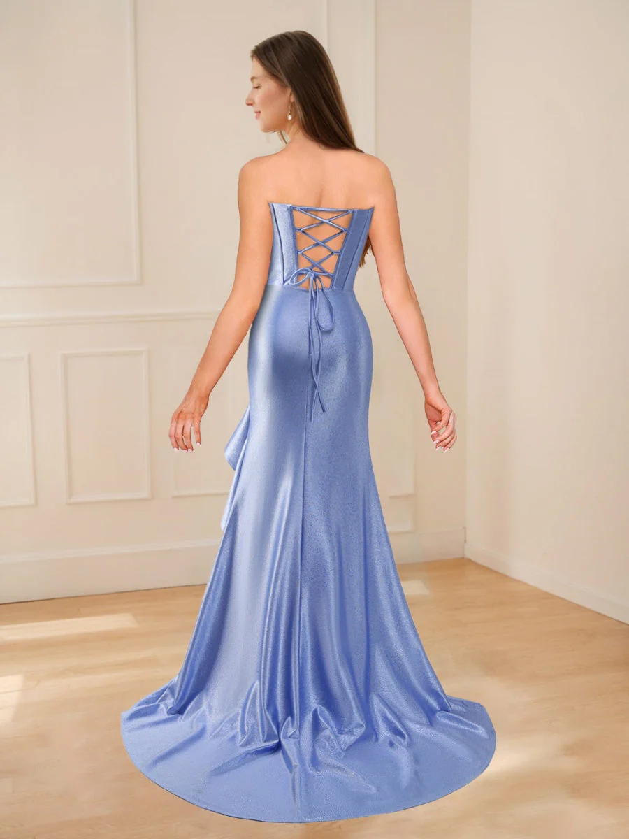 Trumpet/Mermaid Sparkly Sweetheart Ruched Asymmetrical Prom Dresses with Ruffles & Lace-up - Image 2