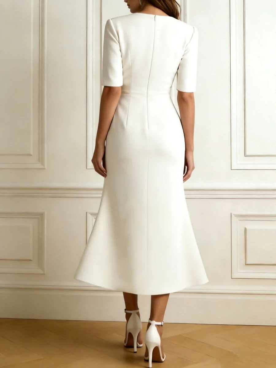 Trumpet/Mermaid Square Stretch Satin Collar Cocktail Dresses with Split Side Tea-Length Short Sleeves Formal Dress - Image 2