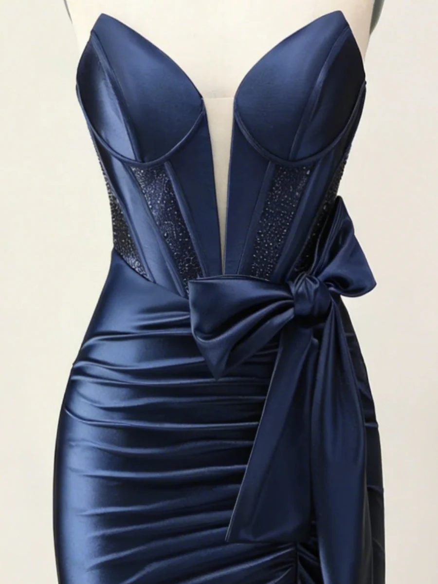 Trumpet/Mermaid Strapless Satin Evening Dresses Sleeveless Split Side Floor-Length Sweep Train with Bow - Image 3