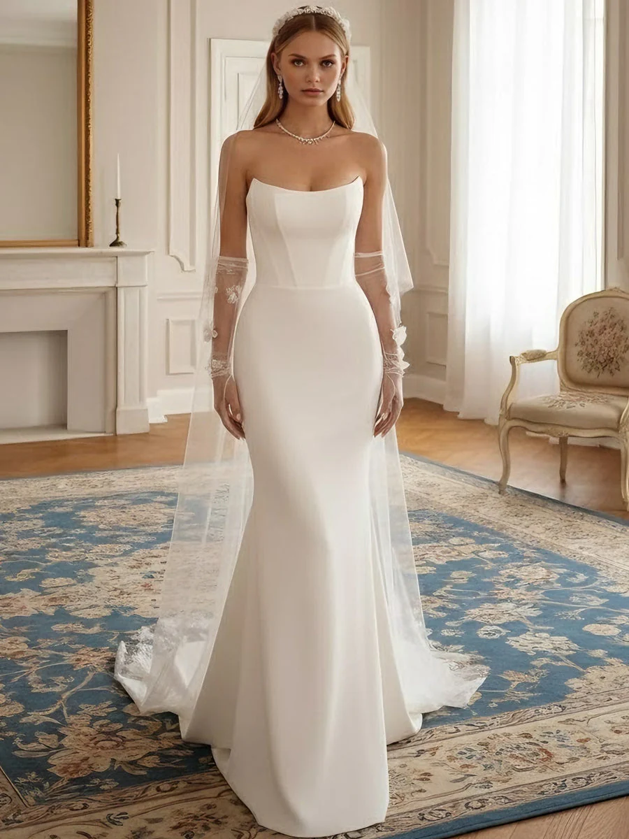 Trumpet/Mermaid Strapless Wedding Dress Satin Floor-Length Sweep Train Sleeveless - Image 3