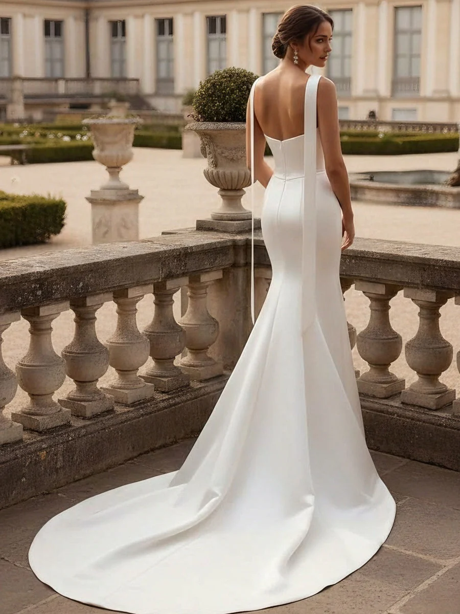 Trumpet/Mermaid Strapless Wedding Dress with Scarf Satin Floor-Length Sweep Train Ruched - Image 2
