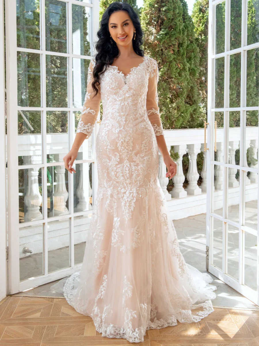 Trumpet/Mermaid Sweetheart 3/4 Sleeves Floor-Length Wedding Dresses with Lace Appliques - Image 3